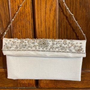 White satin beaded bag with beaded strap